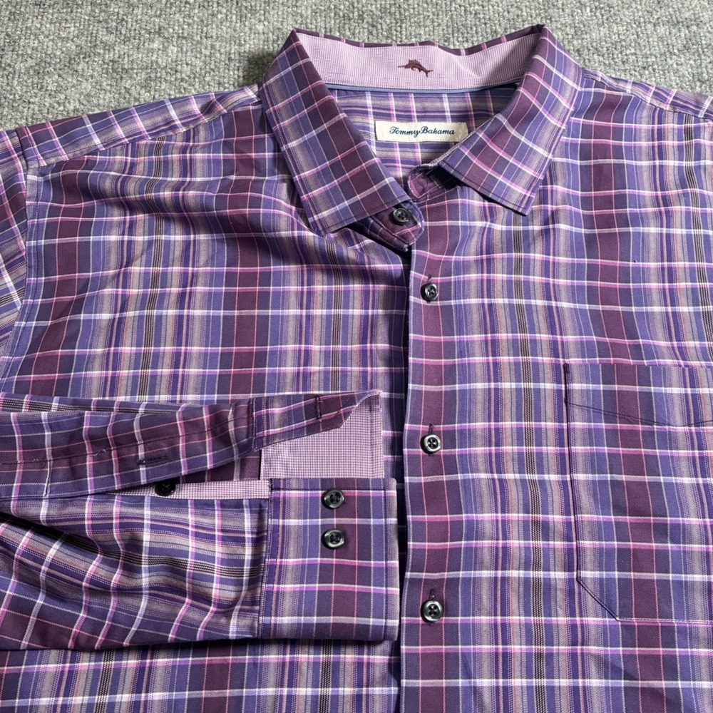 Tommy Bahama Plaid Shirt Mens XXL‎ Purple Silk Blend Long Sleeve